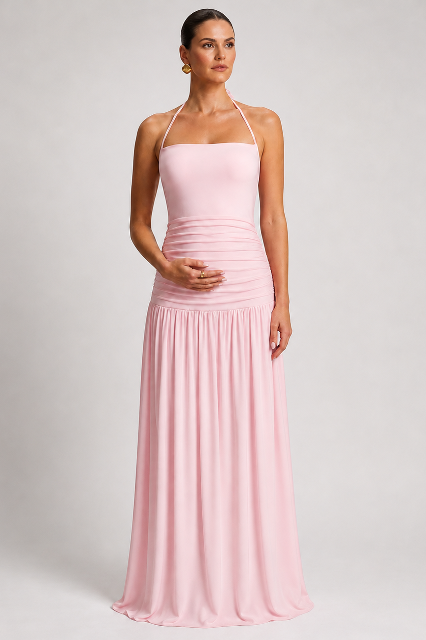 Robe Maxi Maternité Col Licou Sans Manches Jupe Plissée