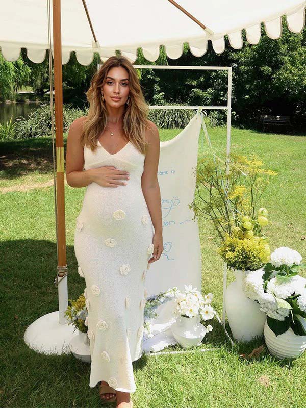 Robe Maxi Maternité Sirène Crochet Fleurs 3D Col Licou