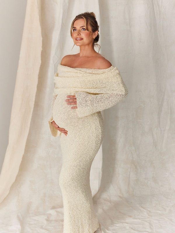 Robe Maxi Maternité Maille Épaules Dénudées Ajourée