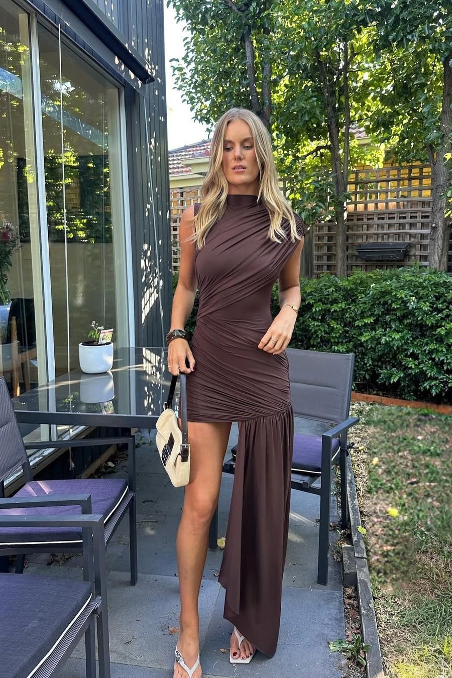 Robe Mini Femme Col Montant Froncée Bodycon Asymétrique
