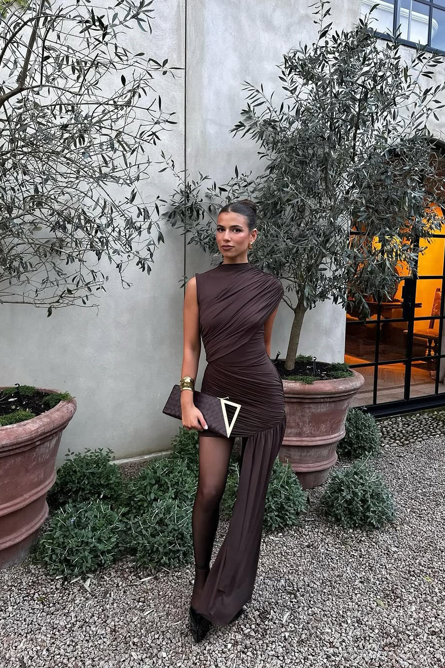 Robe Mini Femme Col Montant Froncée Bodycon Asymétrique