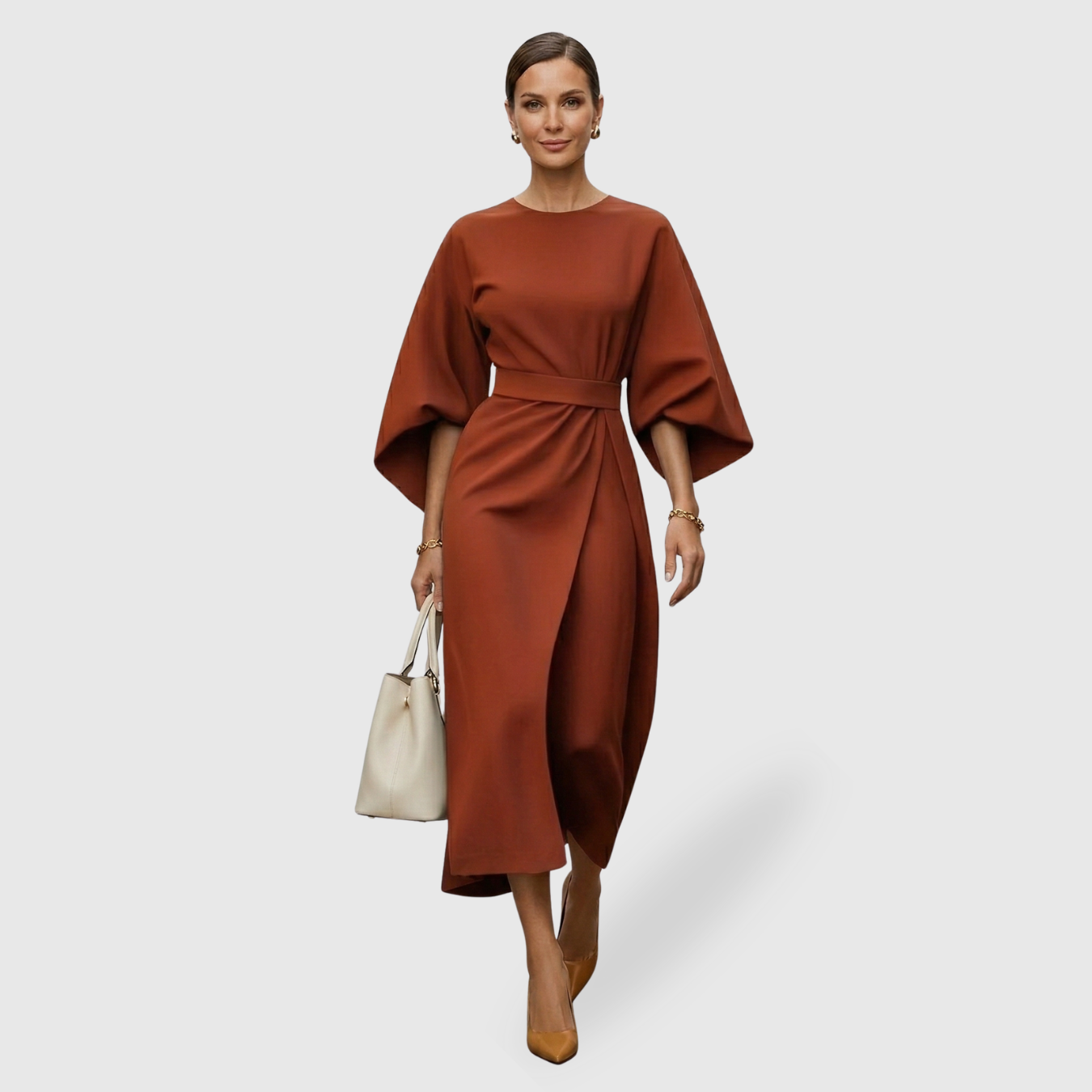 Robe femme manches lanternes coupe fluide élégante mi-longue