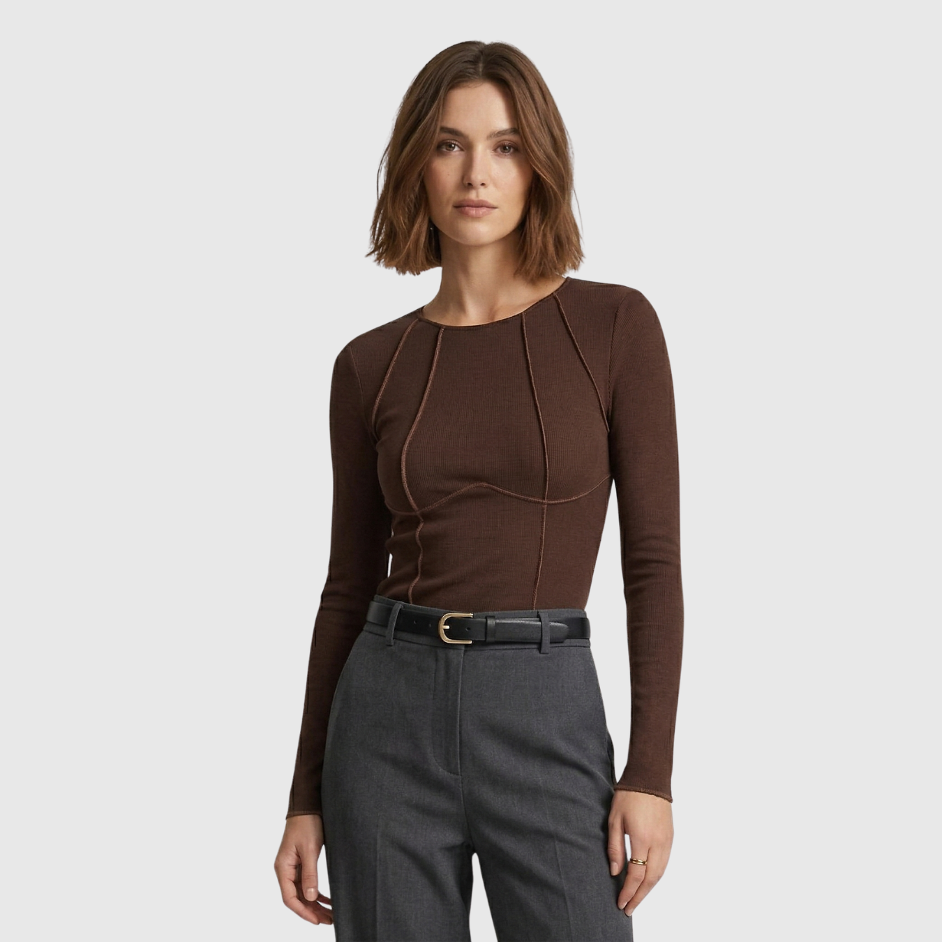 Top manches longues femme ajusté détail piping col rond