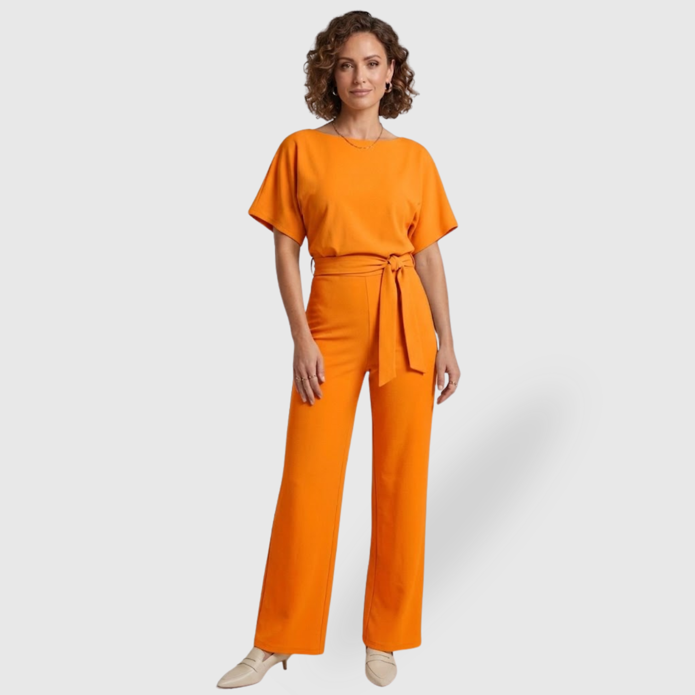 Combinaison pantalon femme manches courtes taille ceinturée coupe large