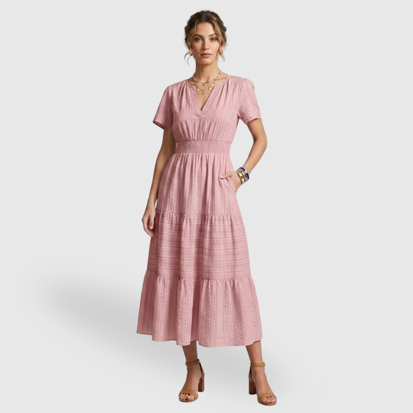 Robe longue femme bohème col V manches courtes coupe fluide