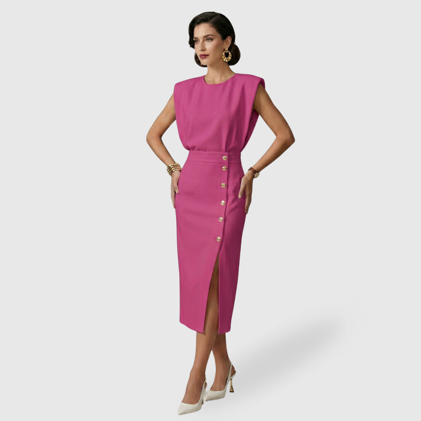 Robe midi femme sans manches ceinturée fente avant fermeture boutonnée
