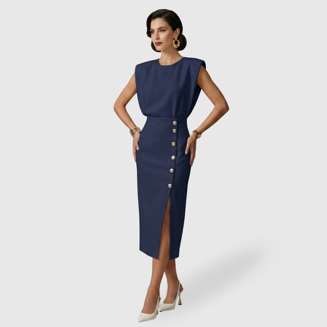 Robe midi femme sans manches ceinturée fente avant fermeture boutonnée