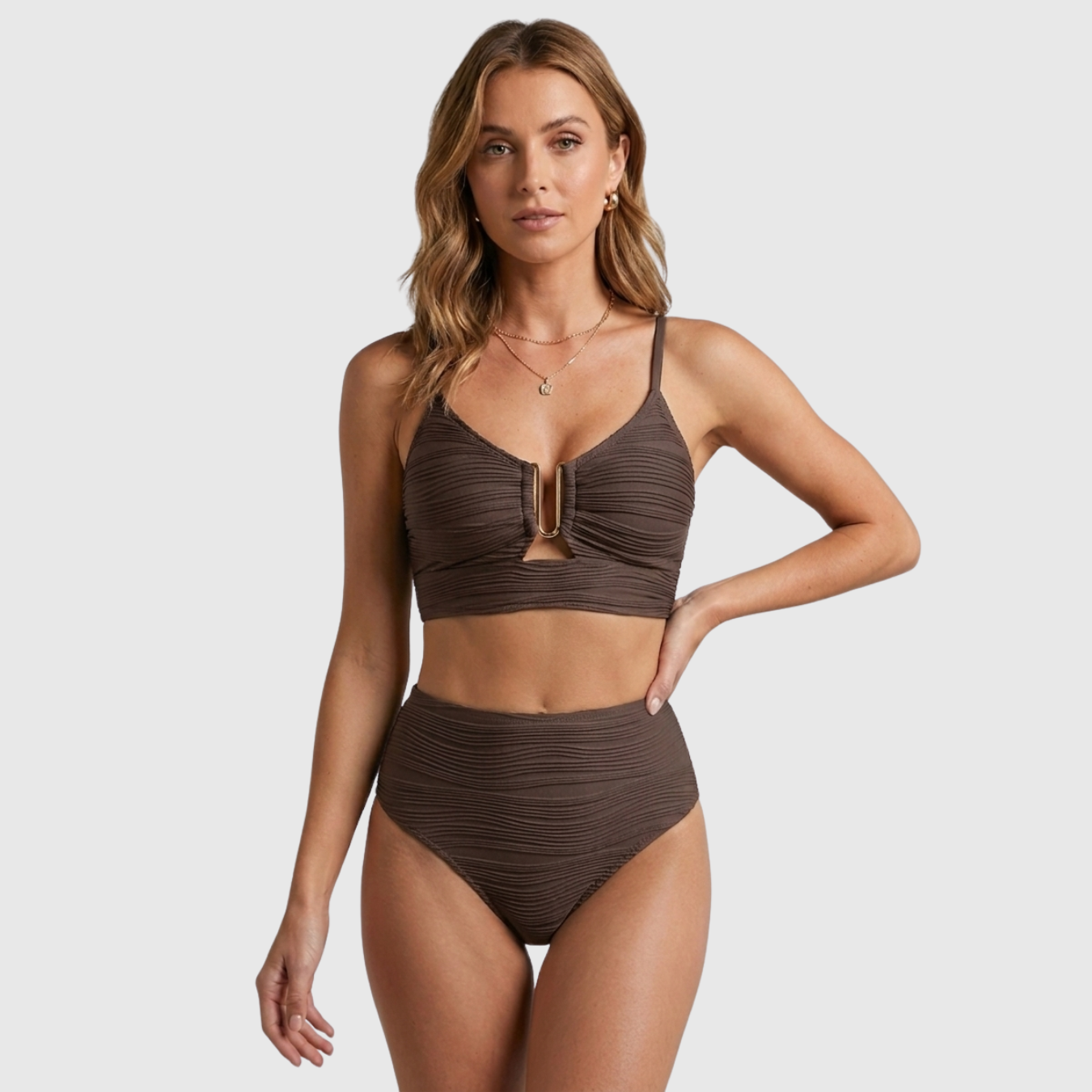 Bikini taille haute femme texturé avec découpe U et deux pièces