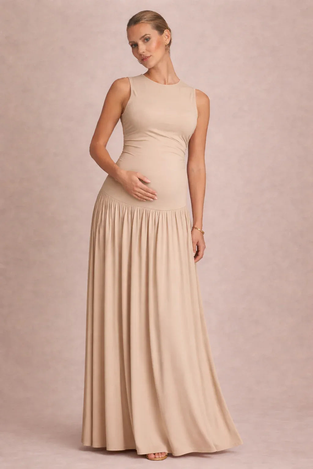 Robe Maxi Maternité Sans Manches Col Rond Plissée