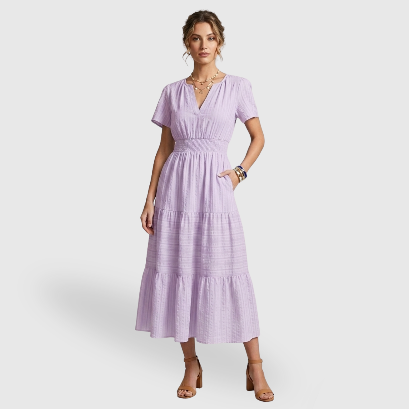 Robe longue femme bohème col V manches courtes coupe fluide
