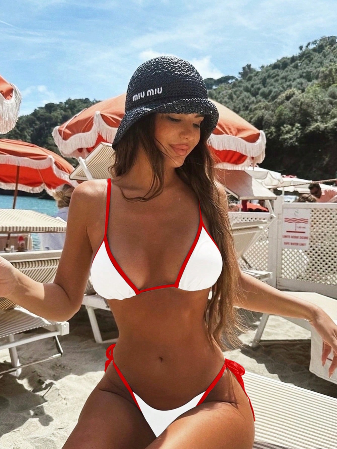 Bikini Triangle Halter Femme Bord Contrasté à Nouer