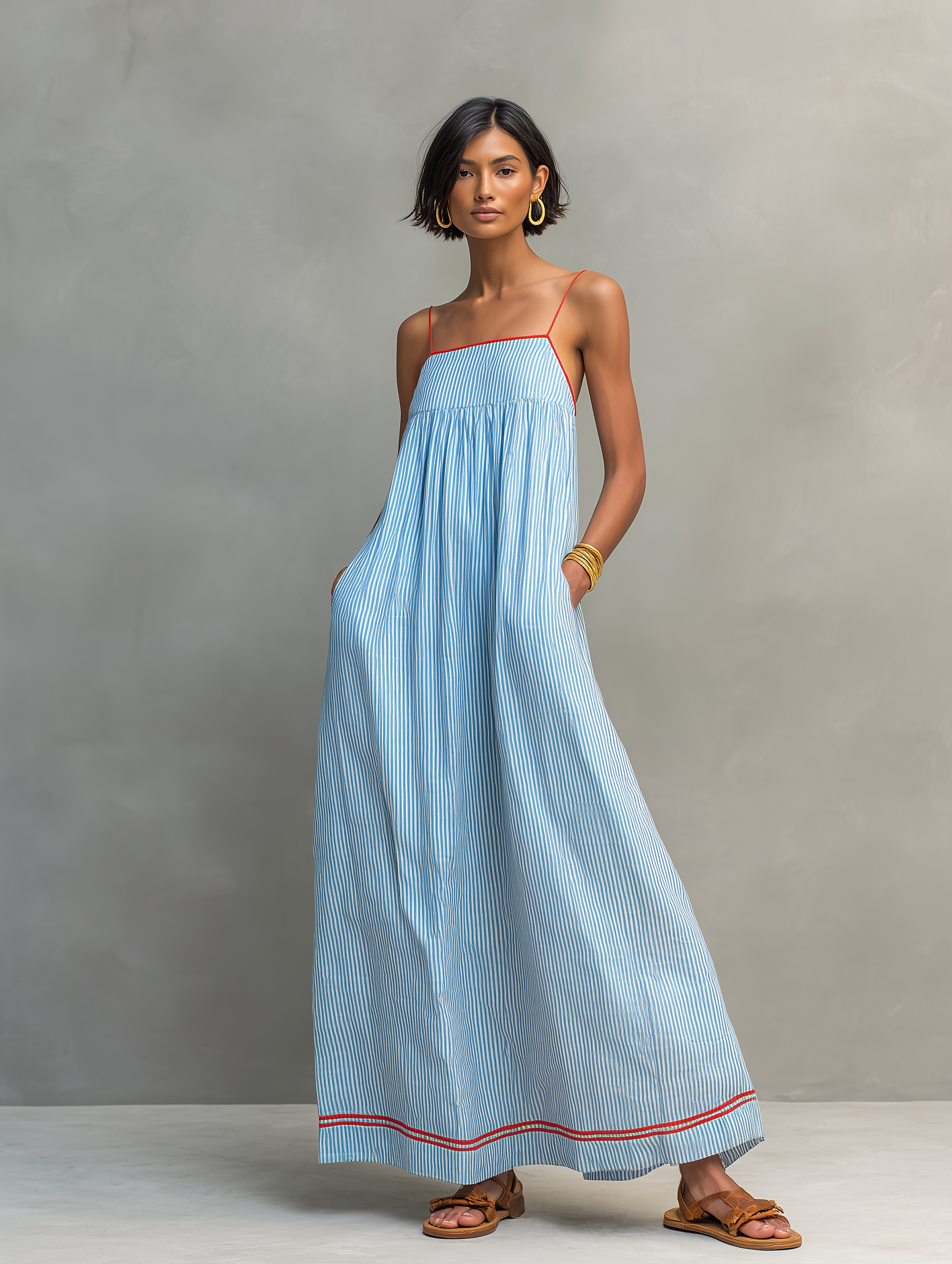 Robe maxi femme rayée minimaliste bretelles spaghetti