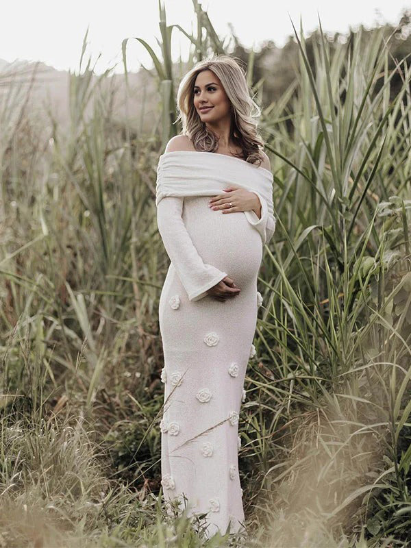 Robe Maxi Maternité Sirène Fleurs 3D Dos Nu Épaules Dénudées