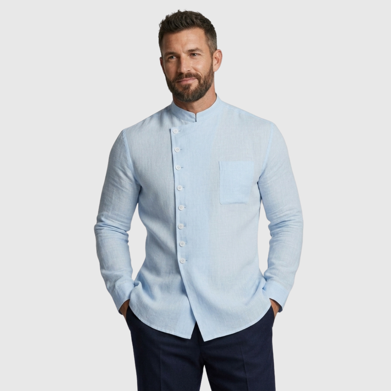 Chemise homme lin col mao manches longues