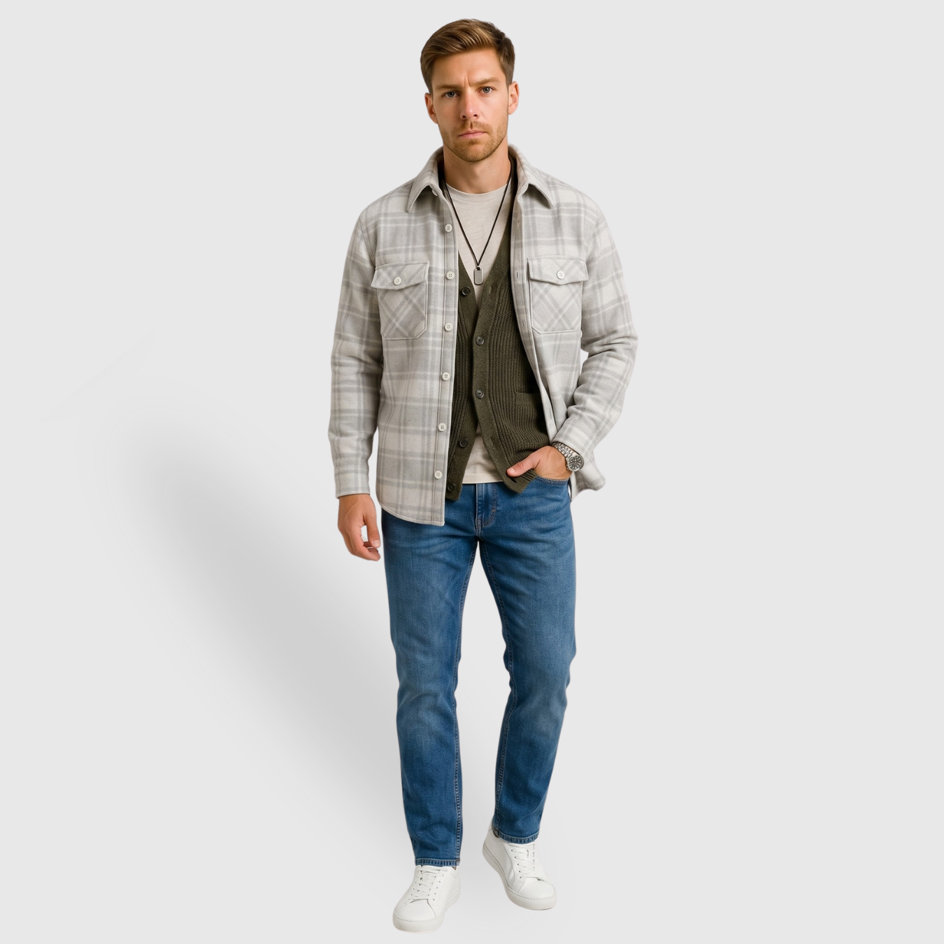 Chemise homme à carreaux coton polyester manches longues coupe décontractée