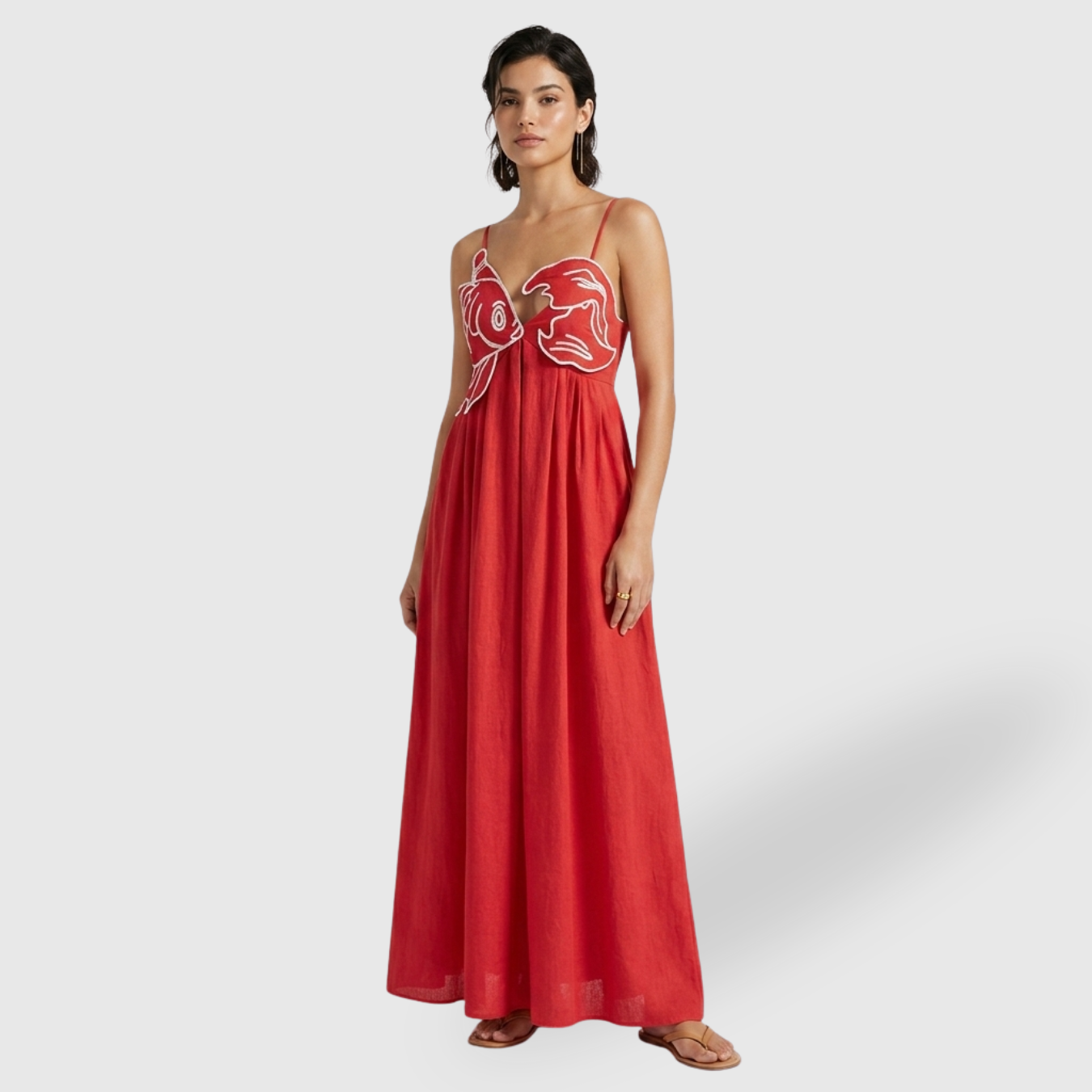Robe midi femme brodée à bretelles fines coupe fluide sans manches