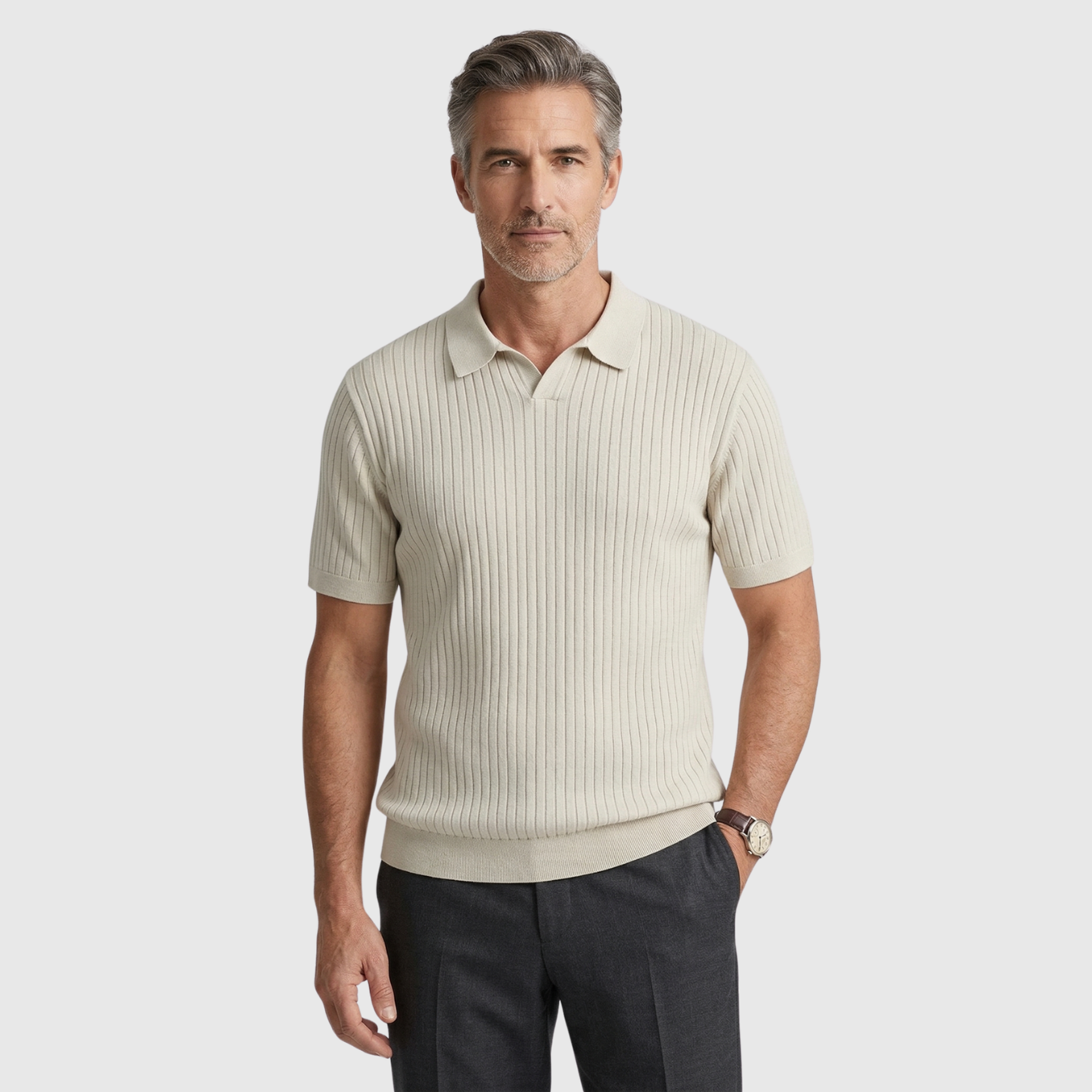 Polo homme maille côtelée manches courtes col boutonné coupe ajustée coton