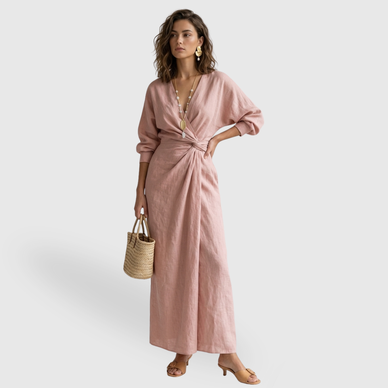 Robe longue femme mélange lin col V drapée manches longues