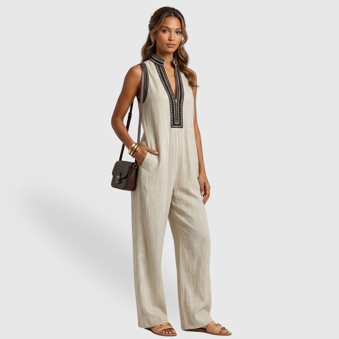 Combinaison femme sans manches mélange lin col montant zippé