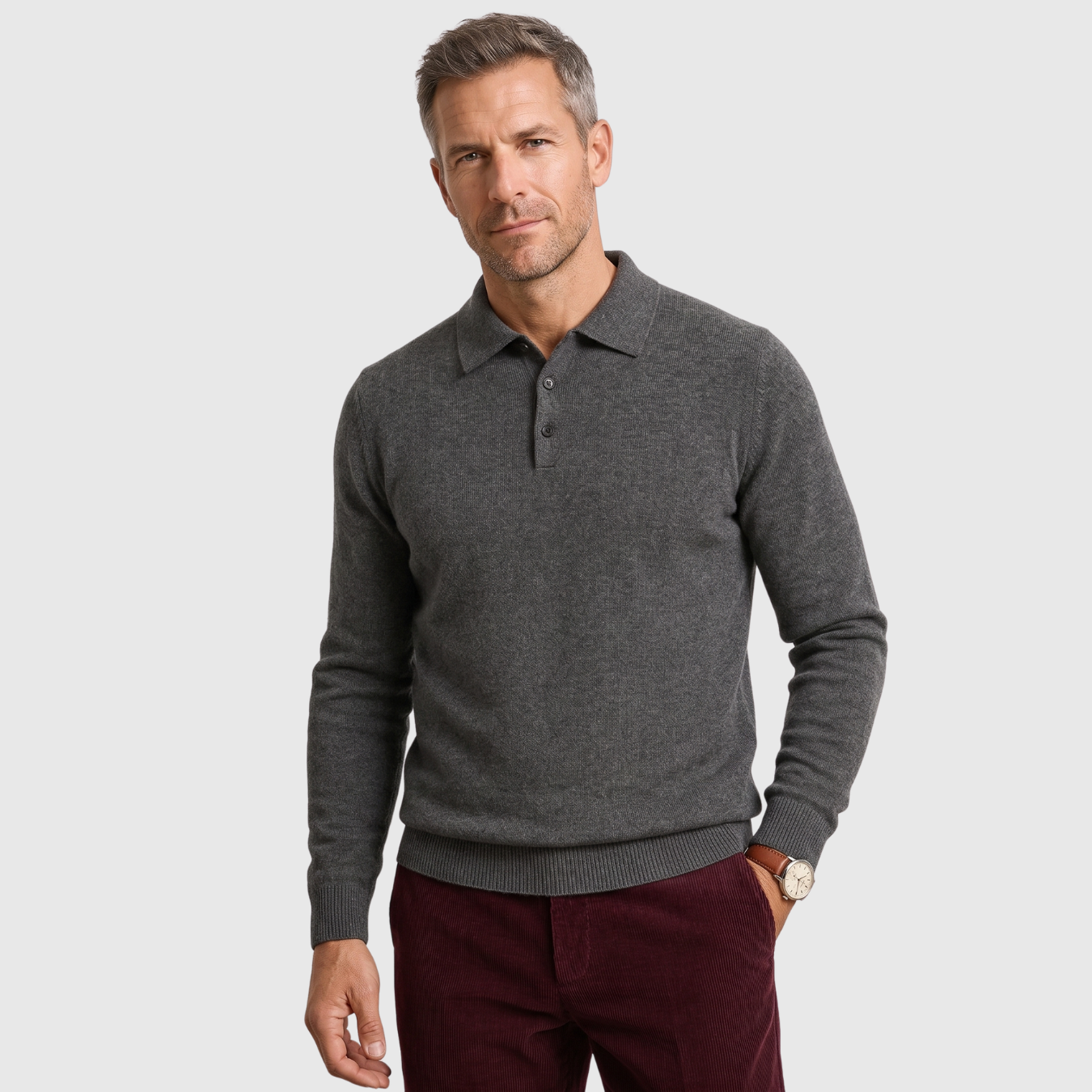 Pull homme col polo laine mérinos manches longues coupe ajustée
