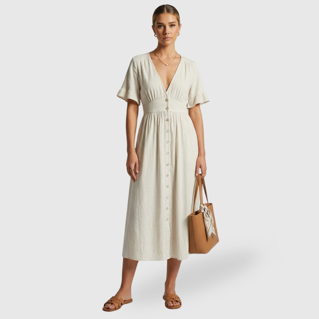 Robe midi femme boutonnée col V manches courtes