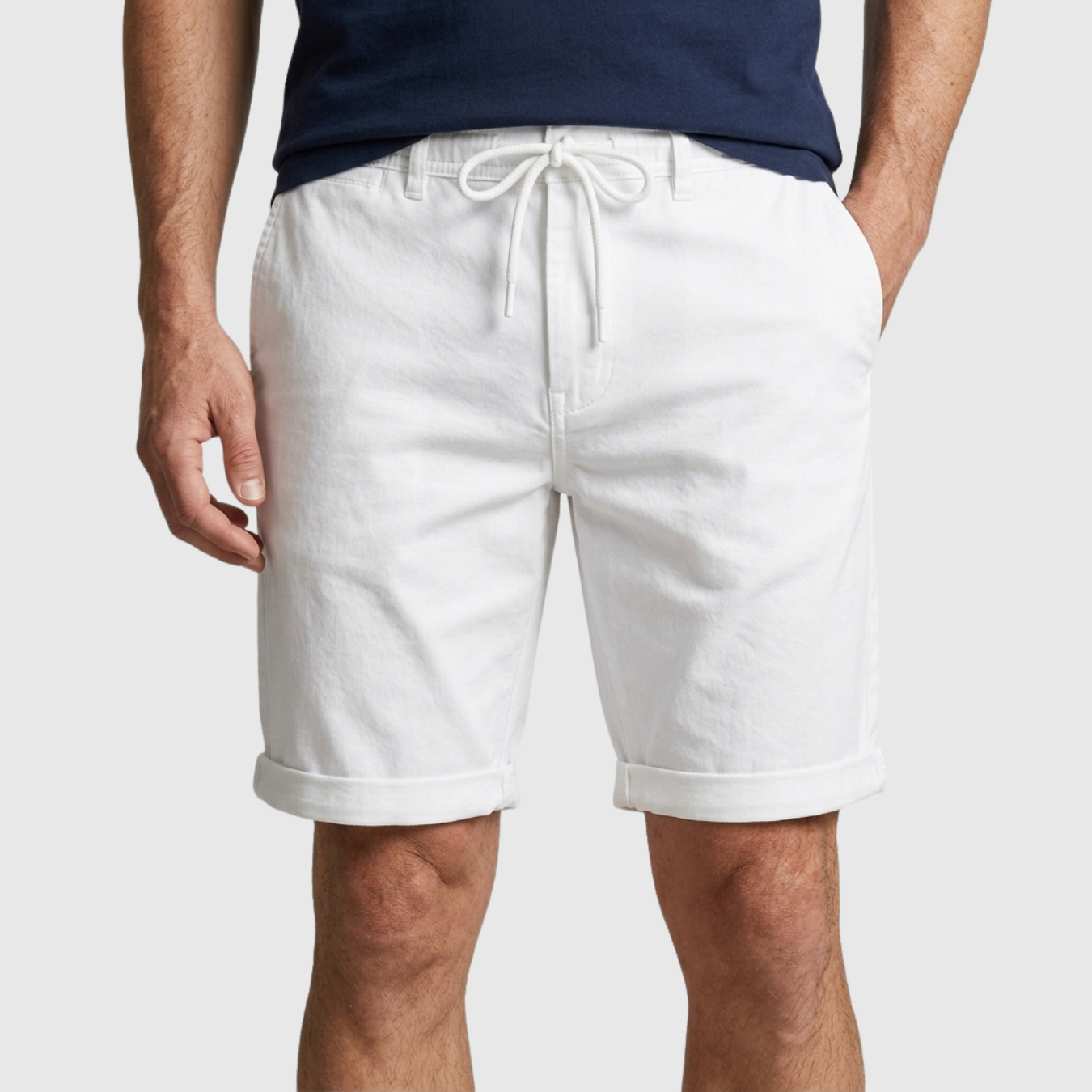 Short homme lin taille élastique à cordon coupe droite