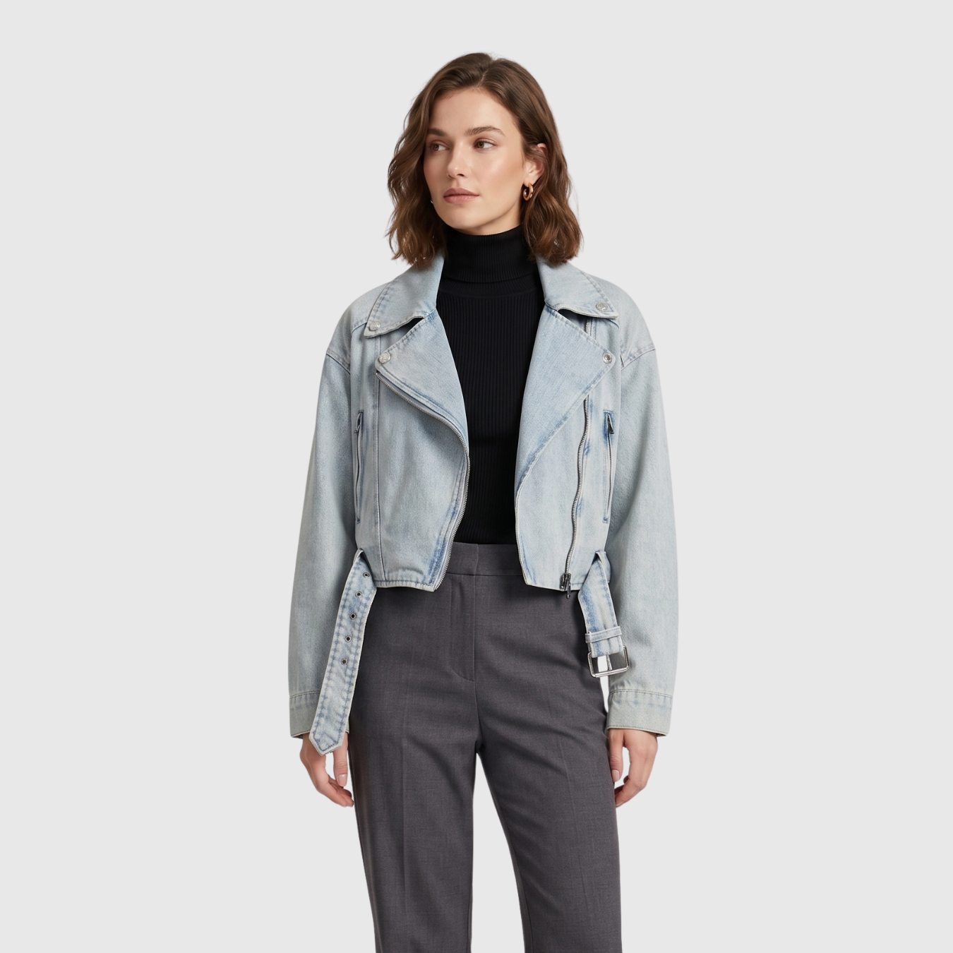 Veste en jean femme coupe courte style biker zippée
