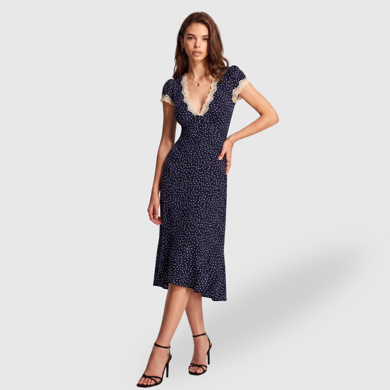 Robe midi femme à pois col V dentelle manches courtes ajustée