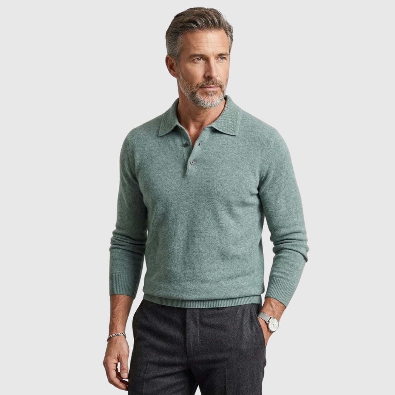 Pull homme laine mérinos col polo boutonné manches longues coupe droite