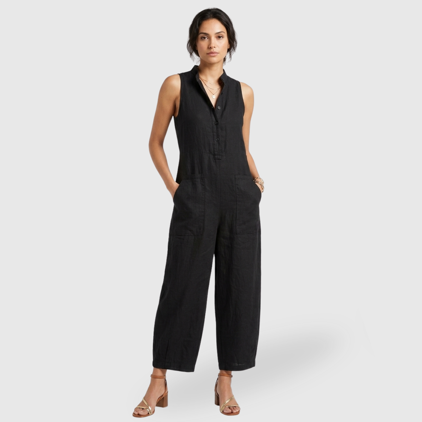 Combinaison femme lin mélangé sans manches coupe ample