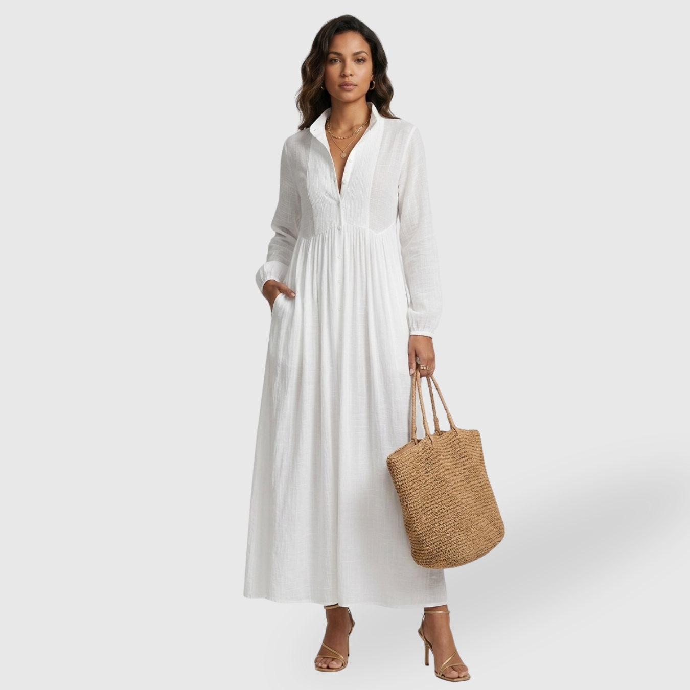 Robe longue femme coton lin col montant manches longues
