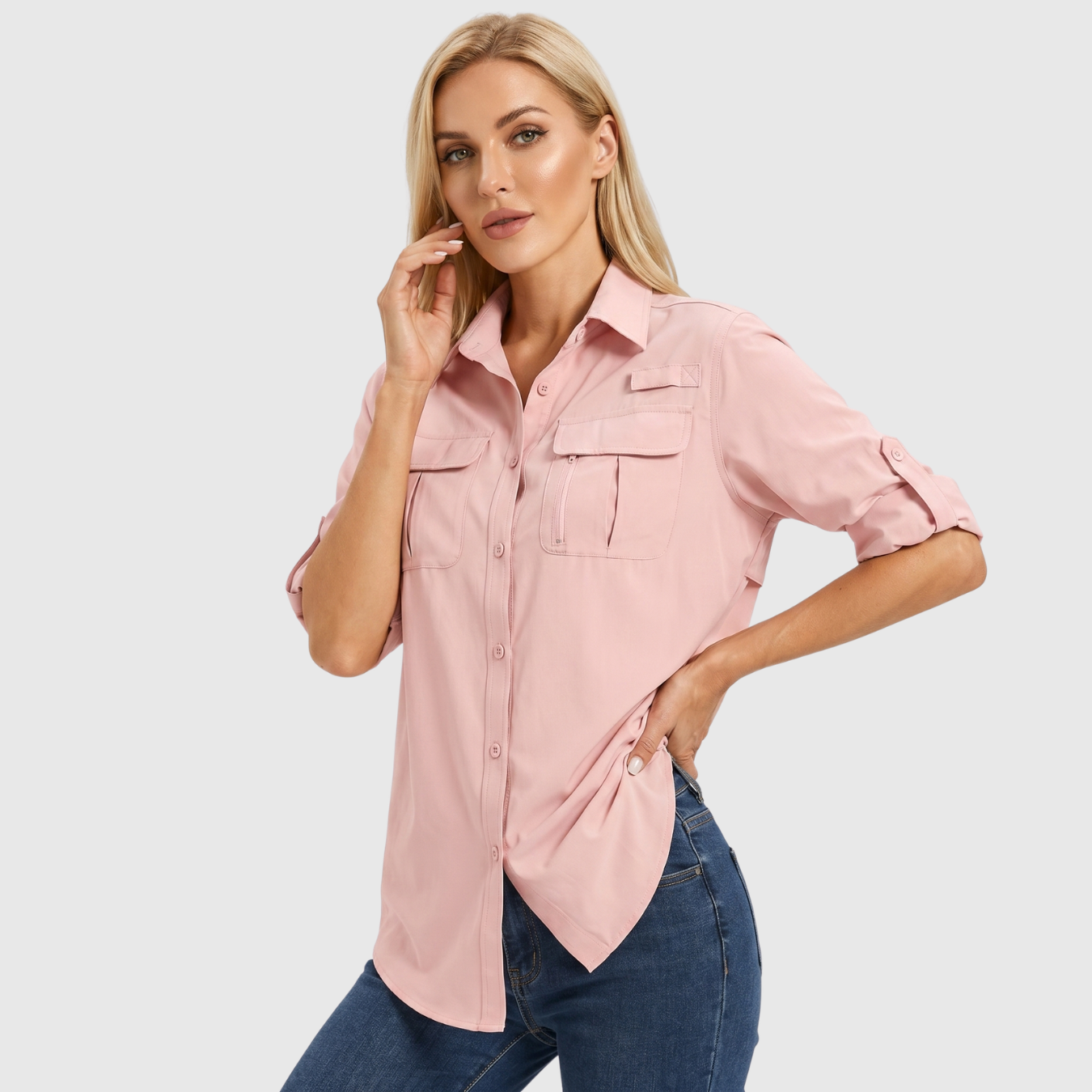 Chemise femme manches longues boutonnée poches safari coupe décontractée