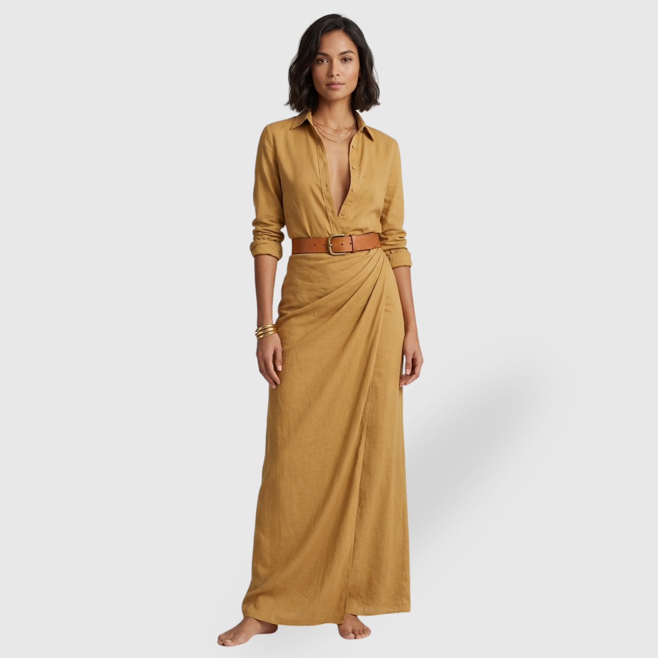 Robe longue portefeuille femme col revers manches longues