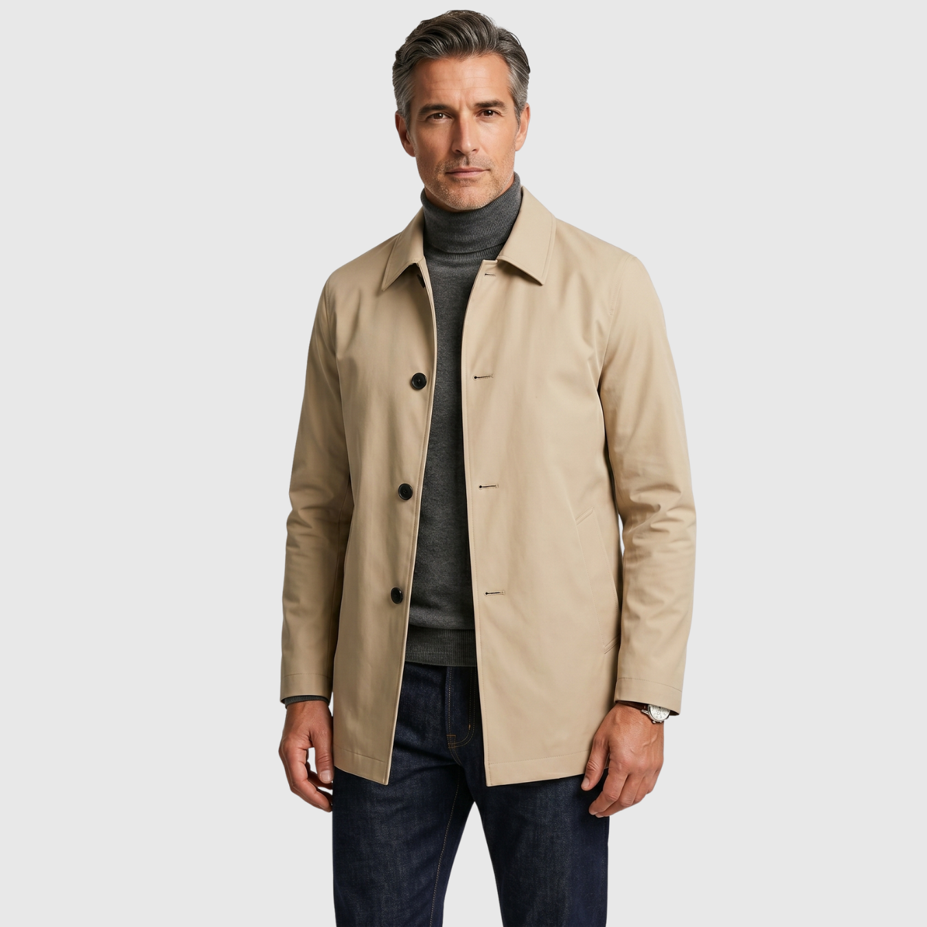 Trench coat homme mi-long fermeture boutonnée coupe droite