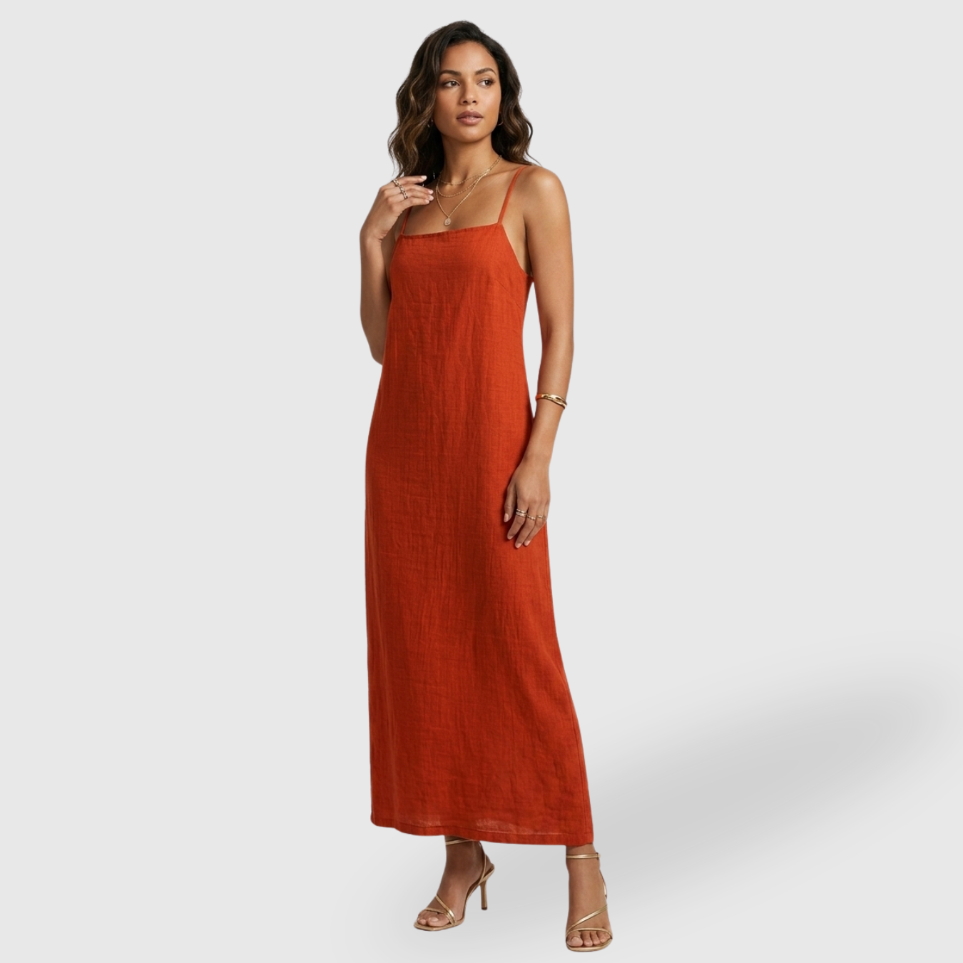 Robe longue femme coton bretelles fines col carré