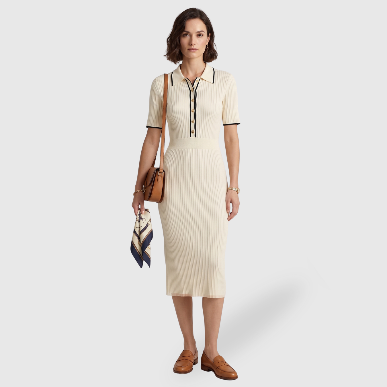Robe midi femme maille col polo manches courtes coupe ajustée