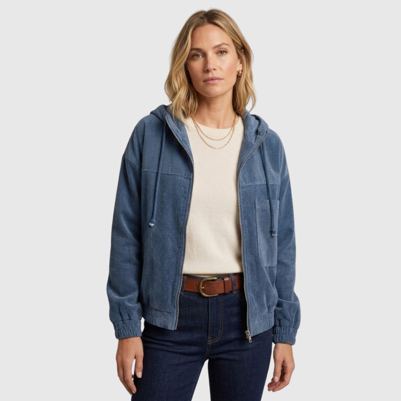 Veste velours côtelé femme zippée capuche manches longues coupe droite