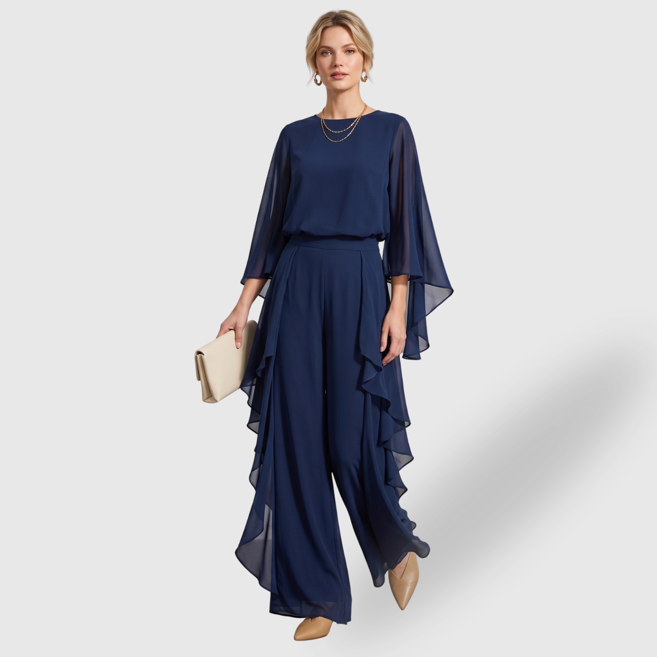 Ensemble femme mousseline pantalon large et blouse manches évasées