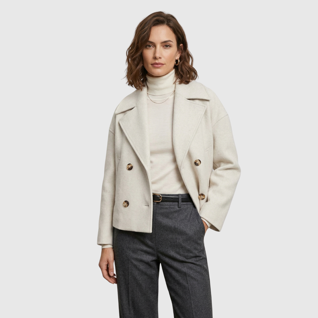 Manteau court femme croisé col large manches longues coupe droite