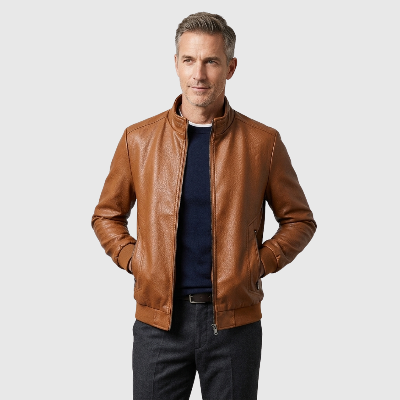 Veste en cuir homme zippée col montant coupe ajustée style biker