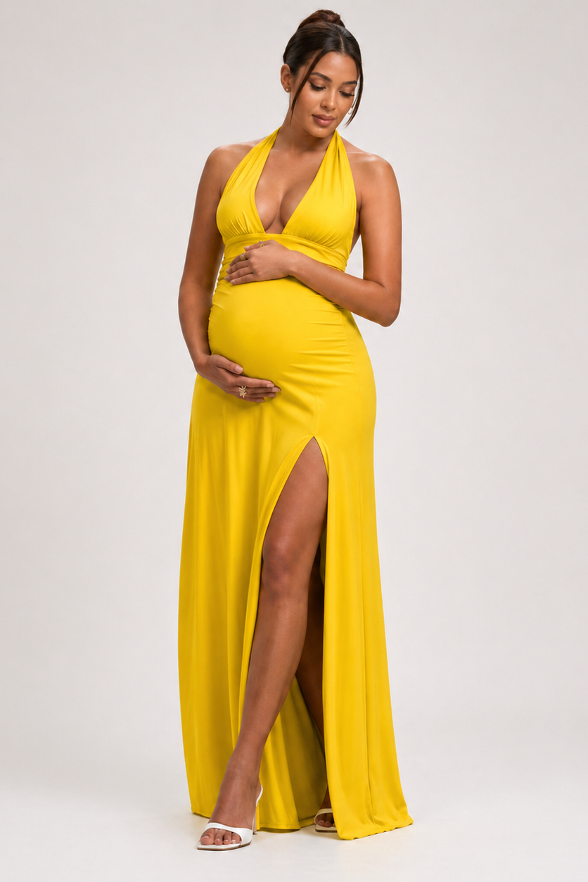 Robe Maxi Maternité Col Licou Dos Nu Fente Latérale