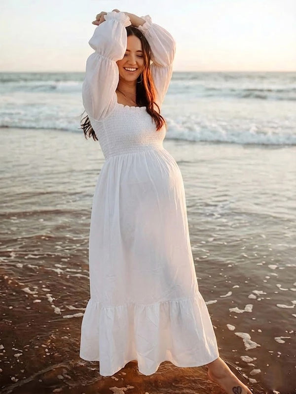 Robe Maxi Maternité Volants Manches Bouffantes Taille Haute