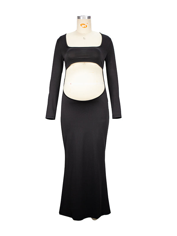 Robe Maxi Maternité Sirène Découpée Manches Longues Moulante