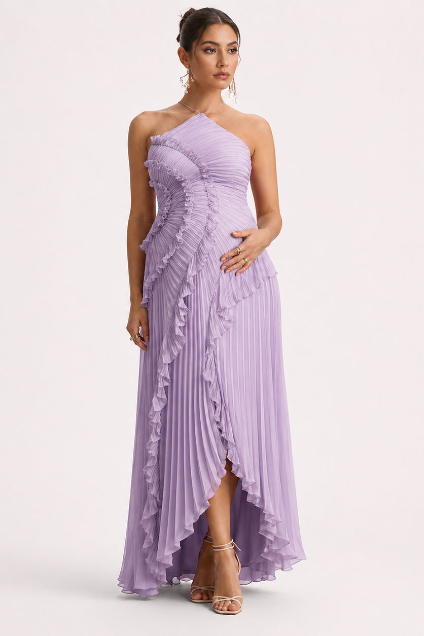 Robe Maxi Maternité Col Licou Plissée Baby Shower