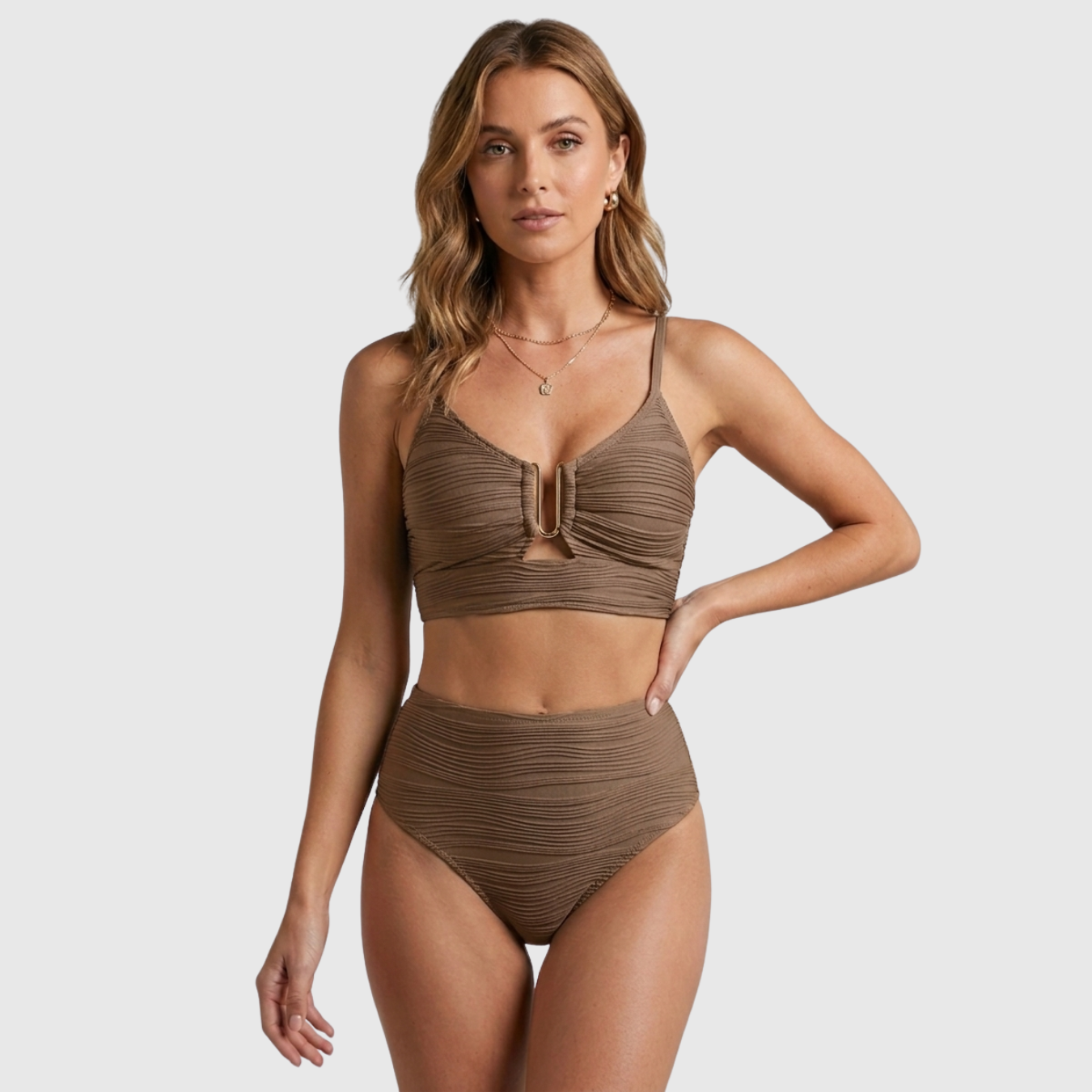 Bikini taille haute femme texturé avec découpe U et deux pièces
