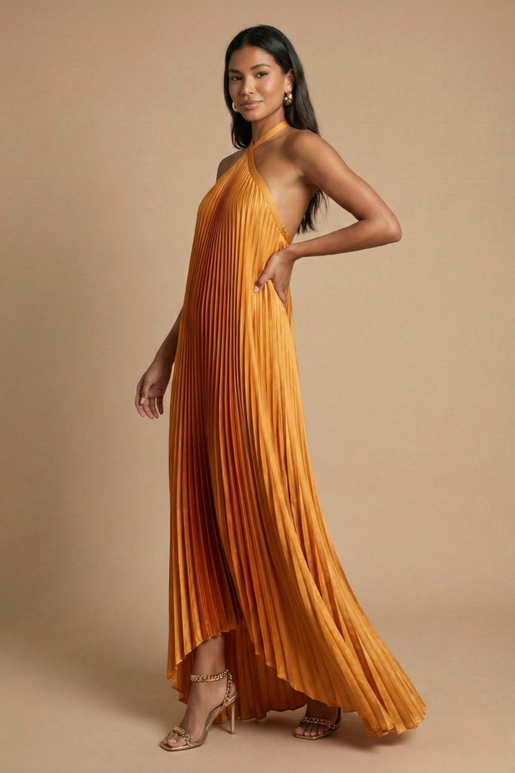 Robe maxi femme dos nu halter plissée fermeture lacets