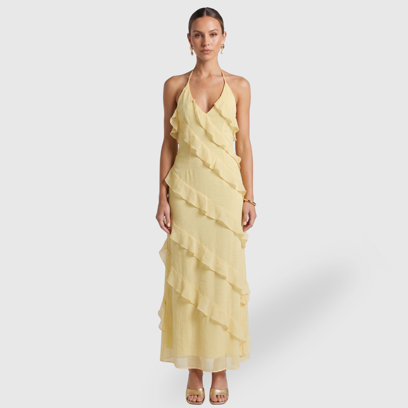 Robe longue femme dos nu à volants coupe fluide col halter