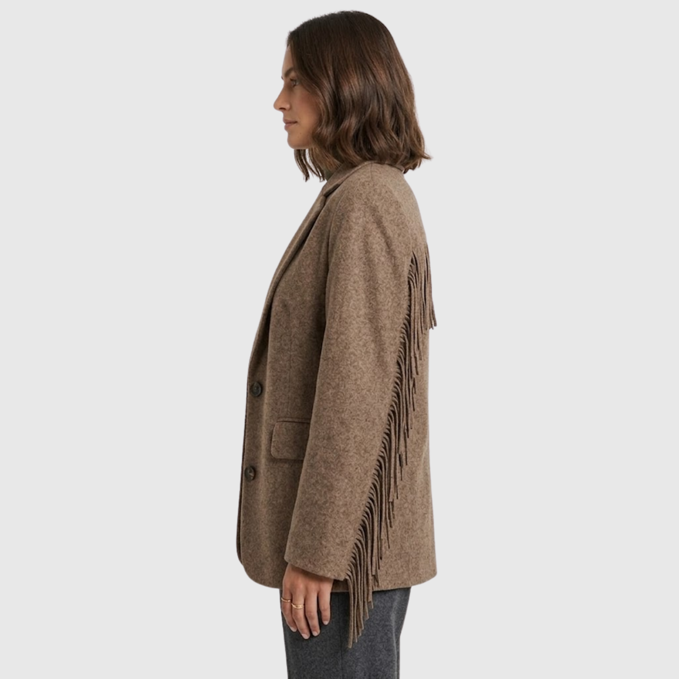 Blazer femme laine manches longues franges coupe droite boutonné