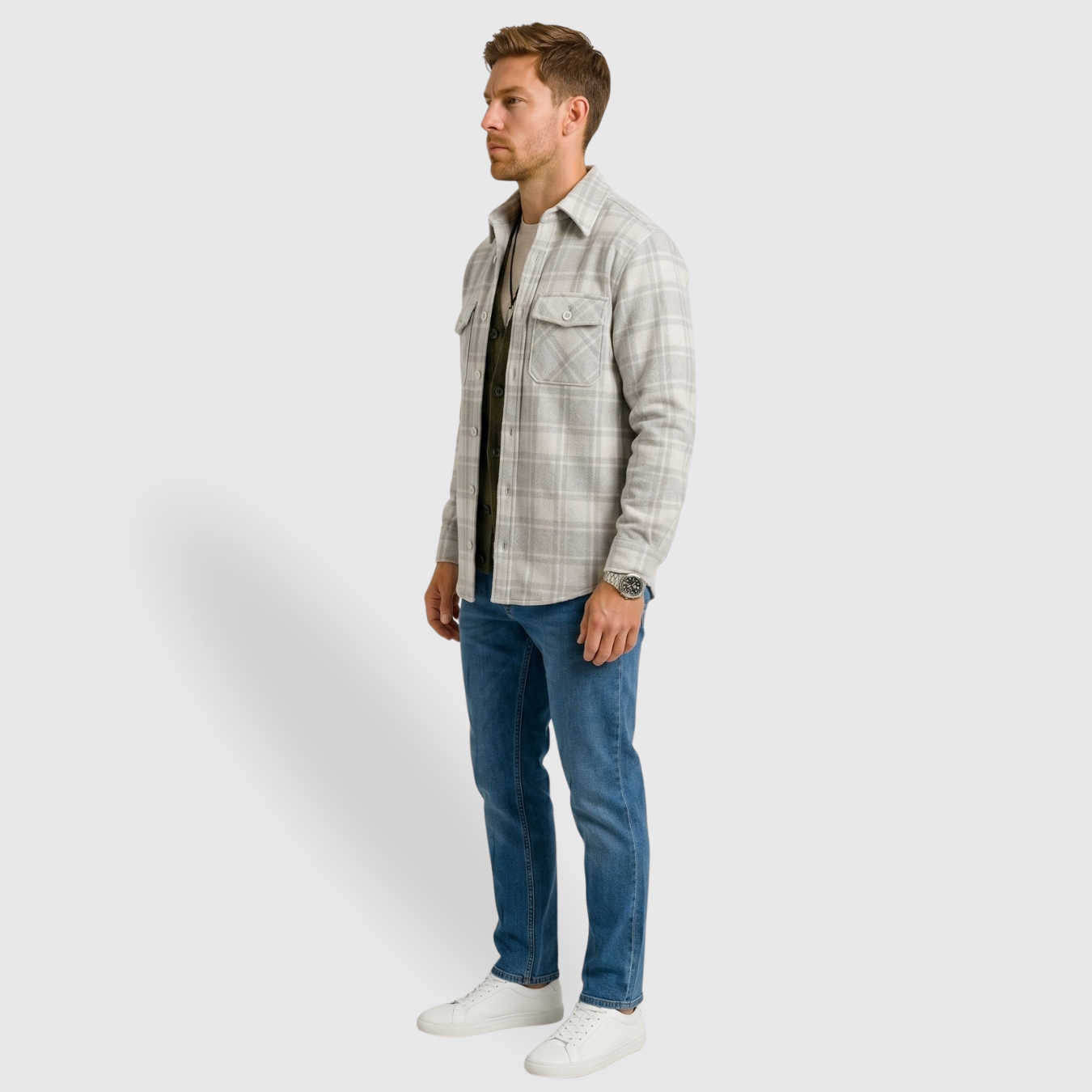 Chemise homme à carreaux coton polyester manches longues coupe décontractée