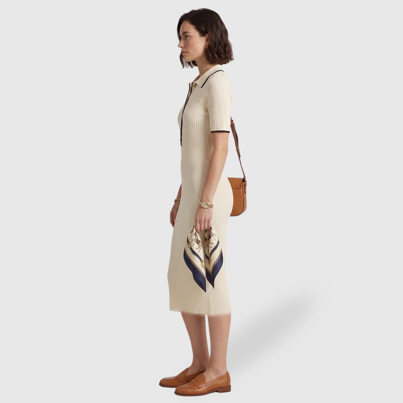 Robe midi femme maille col polo manches courtes coupe ajustée